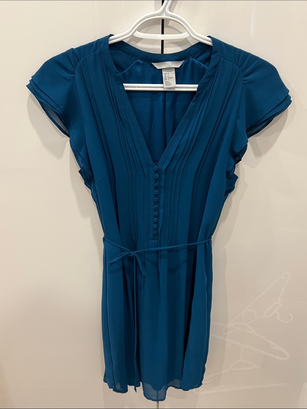 H&M Teal V-Neck Pleated Mini Dress with Self-Tie Waist